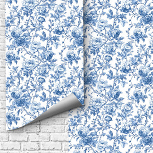 Vintage Blue French Toile Roses Floral Wallpaper  