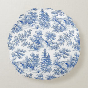 Vintage Blue French Toile Woodland Landscape Round Pillow