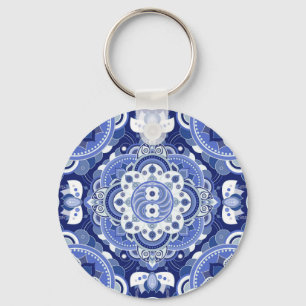 Vintage blue geometric, Indian ornament. Keychain