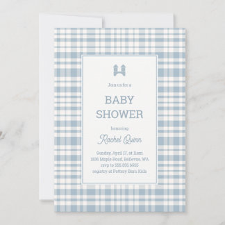 Vintage blue gingham pattern boy baby shower invitation
