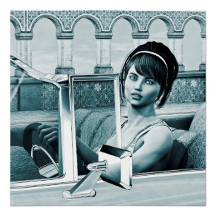 Vintage Blue Glamour Woman Portrait Art Poster
