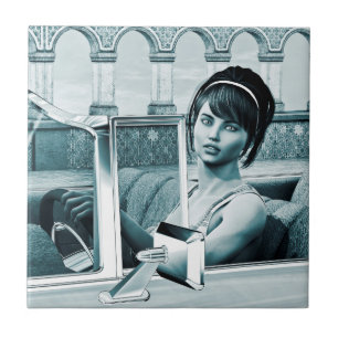 Vintage Blue Glamour Woman Portrait Art Tile