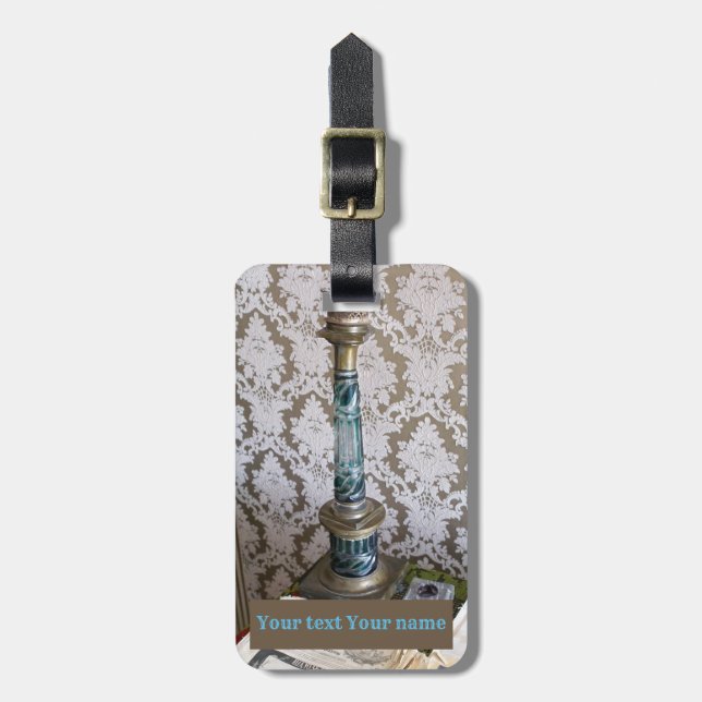 Vintage blue glass candleholder luggage tag (Front Vertical)