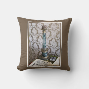 Vintage blue glass candleholder throw pillow