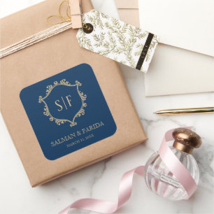 Vintage Blue Gold Crest Monogram Wedding Favour Square Sticker