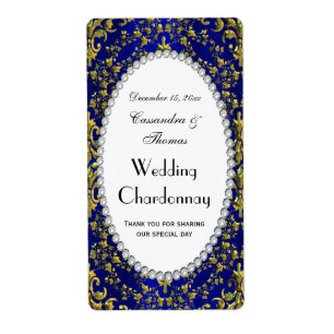 Vintage Blue Gold Damask Pearl V Vin Bottle Étique