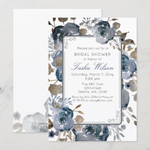 Vintage Blue Gold Floral Botanical Bridal Shower Invitation