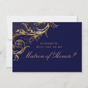 Vintage Blue Gold Floral Damask Matron of Honour Invitation