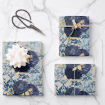 Vintage Blue Gold Floral Damask Pattern Wrapping Paper Sheet<br><div class="desc">This elegant design features a pattern of vintage navy blue and gold floral bouquets on a background of distressed vintage blue damask and handwritten sheet music manuscript ephemera..</div>