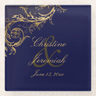 Vintage Blue Gold Floral Damask Script Wedding Glass Coaster