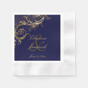 Vintage Blue Gold Floral Damask Script Wedding Napkin
