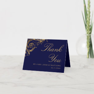 Vintage Blue Gold Floral Damask Script Wedding Thank You Card