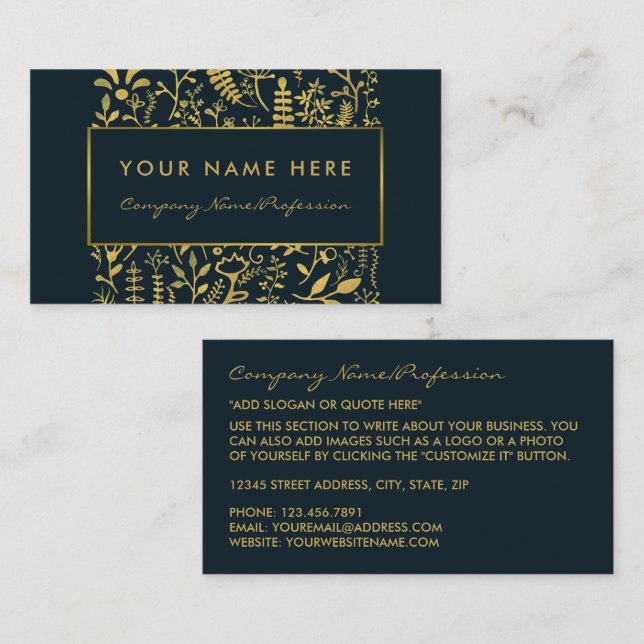 Vintage Blue & Gold Foil Leaf Effect Business Card (Front/Back)