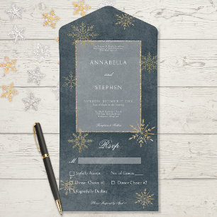 Vintage Blue & Gold Glitter Snowflakes Dinner All In One Invitation