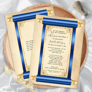 Vintage Blue Gold Scroll Elegant Quinceañera Invitation