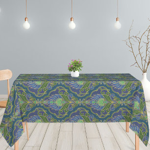 Vintage Blue, Green and Gold Floral Pattern Tablecloth