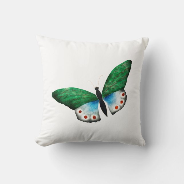 Vintage Blue Green Butterfly Illustration Throw Pillow (Front)