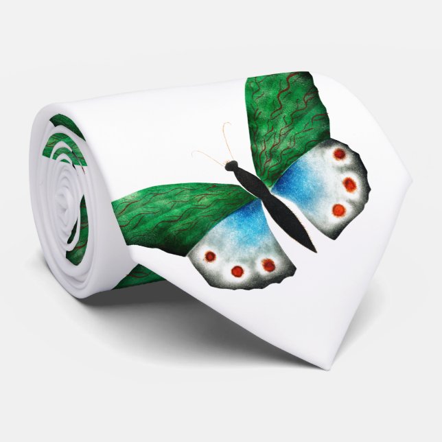 Vintage Blue Green Butterfly Illustration Tie (Rolled)