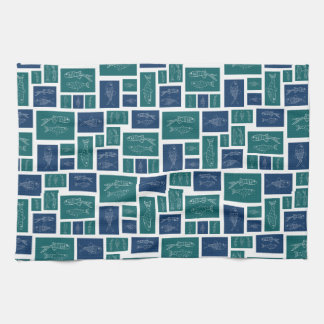 Vintage Blue Green Fish Pattern Kitchen Towel