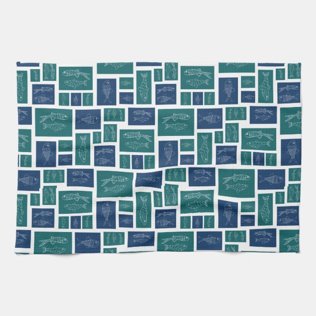Vintage Blue Green Fish Pattern Kitchen Towel (Horizontal)