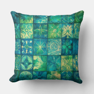 Vintage Blue Green Geometric Mosaic Throw Pillow