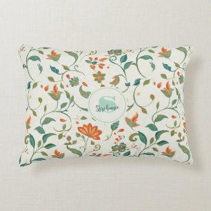 Vintage Blue-Green Leaves & Orange Floral Pattern Accent Pillow