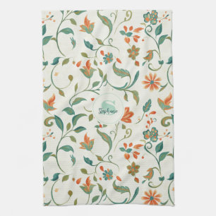 Vintage Blue-Green Leaves & Orange Floral Pattern Kitchen Towel