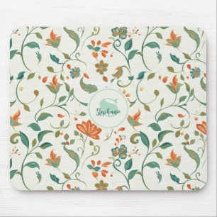 Vintage Blue-Green Leaves & Orange Floral Pattern Mouse Pad