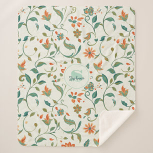 Vintage Blue-Green Leaves & Orange Floral Pattern Sherpa Blanket
