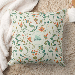 Vintage Blue-Green Leaves & Orange Floral Pattern Throw Pillow