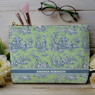 Vintage blue green toile de jouy printed accessory pouch