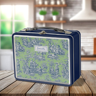 Vintage blue green toile de jouy printed metal lunch box