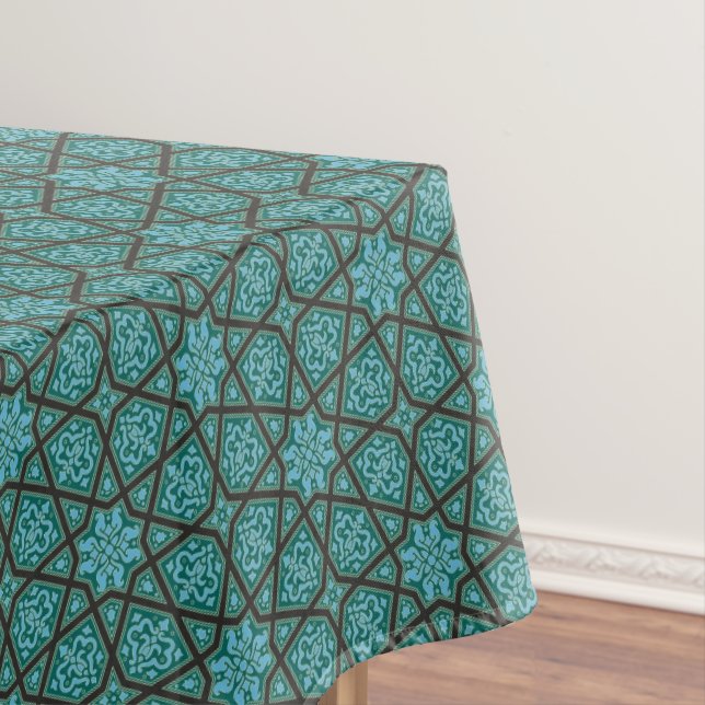 Vintage Blue Grey Arabic Egypt Geometric Pattern Tablecloth (In Situ)