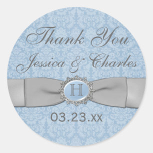 Vintage Blue, Grey Damask Wedding Favour Sticker