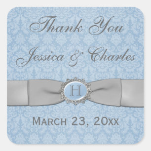 Vintage Blue, Grey Damask Wedding Favour Sticker