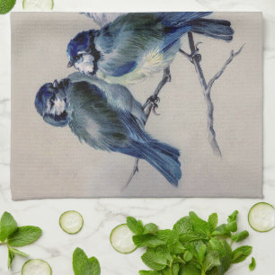 Vintage Blue Grey Watercolor Birds Kitchen Towel