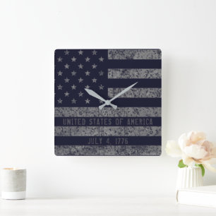 Vintage Blue Grunge American Flag Square Wall Clock