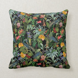 Vintage Blue Heron Tropical Jungle Pattern black Throw Pillow