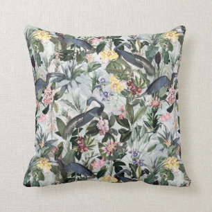 Vintage Blue Heron Tropical Jungle Pattern grey Throw Pillow