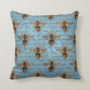 Vintage Blue Honey Bee Throw Pillow