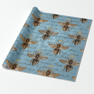 Vintage Blue Honey Bee Wrapping Paper