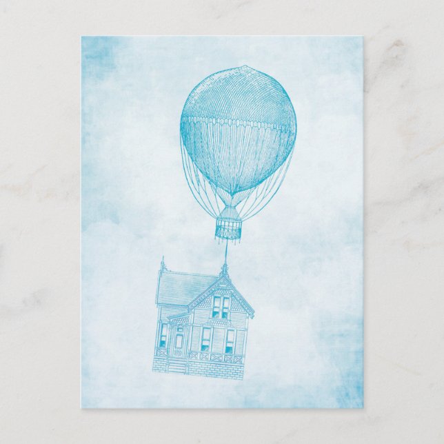 Vintage Blue Hot Air Balloon Moving Cottage Postcard (Front)