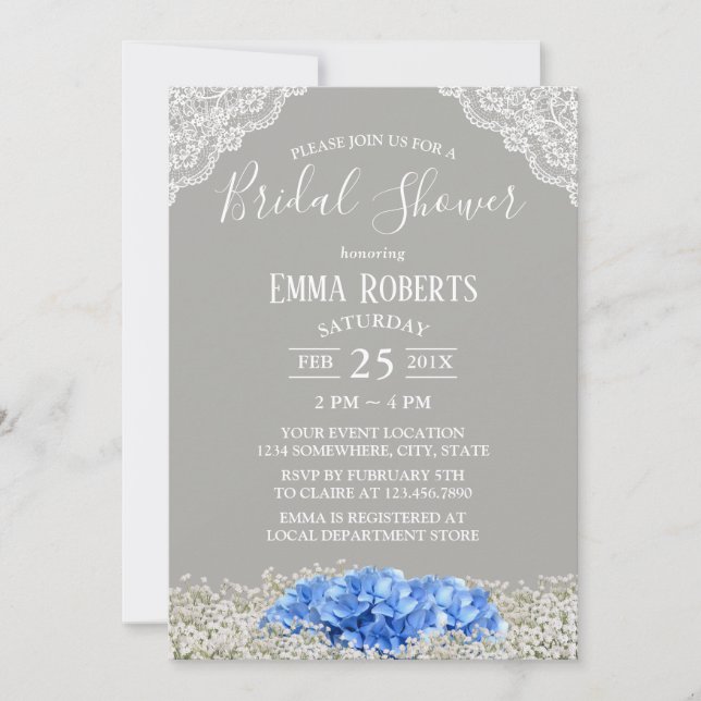 Vintage Blue Hydrangea Baby's Breath Bridal Shower Invitation (Front)