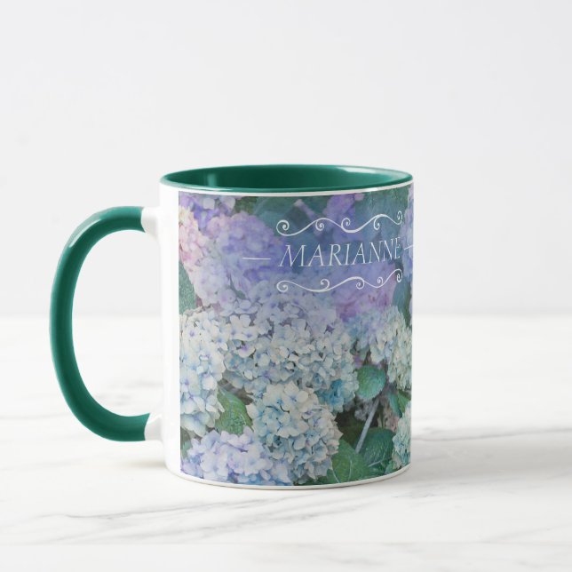 Vintage Blue Hydrangea Floral Name Script Mug (Left)