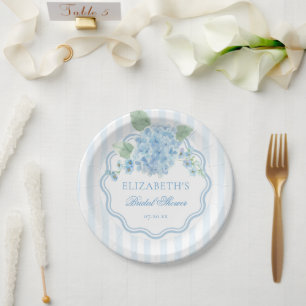 Vintage Blue Hydrangea Flower Elegant Stripe Wavy Paper Plate