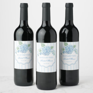 Vintage Blue Hydrangea Flower Elegant Stripe Wavy Wine Label