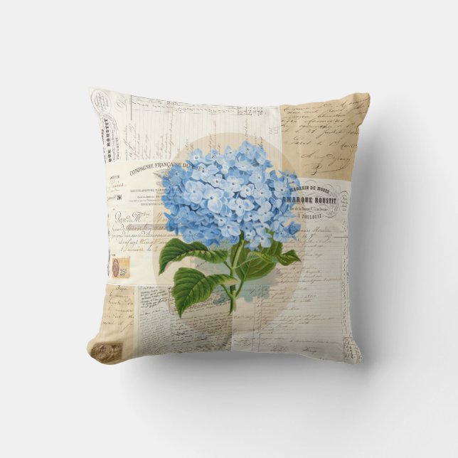 Vintage Blue Hydrangea French Ephemera Pillow (Front)