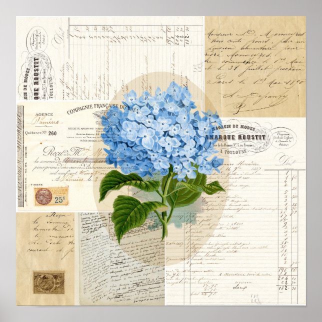 Vintage Blue Hydrangea French Ephemera Print Postr (Front)