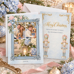 Vintage Blue Hydrangea Nutcracker Christmas Photo Holiday Card