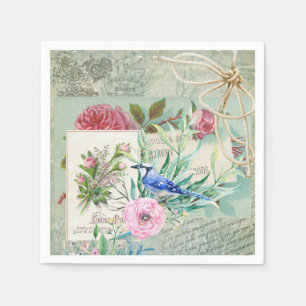 Vintage Blue Jay Bird Pink Rose Floral Collage Napkin